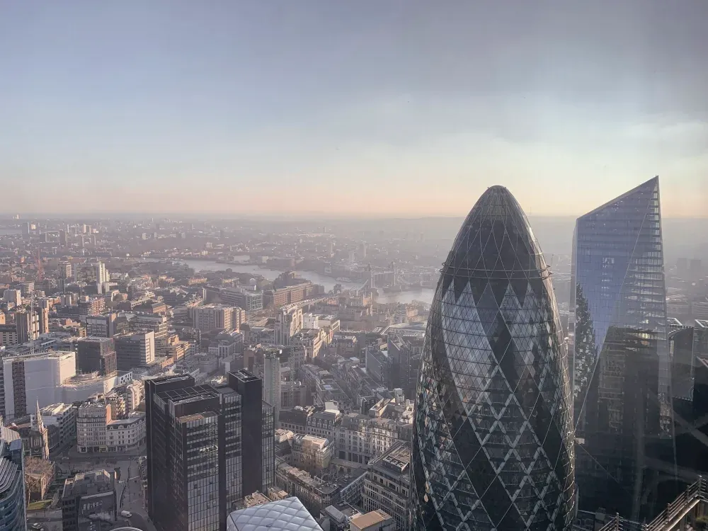 The City of London skyline in morning haze